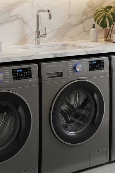 Comparativo de três máquinas de lavar titanium das marcas Hisense, Panasonic e Midea em ambiente de lavanderia moderna. Melhor Máquina de Lavar e Secar