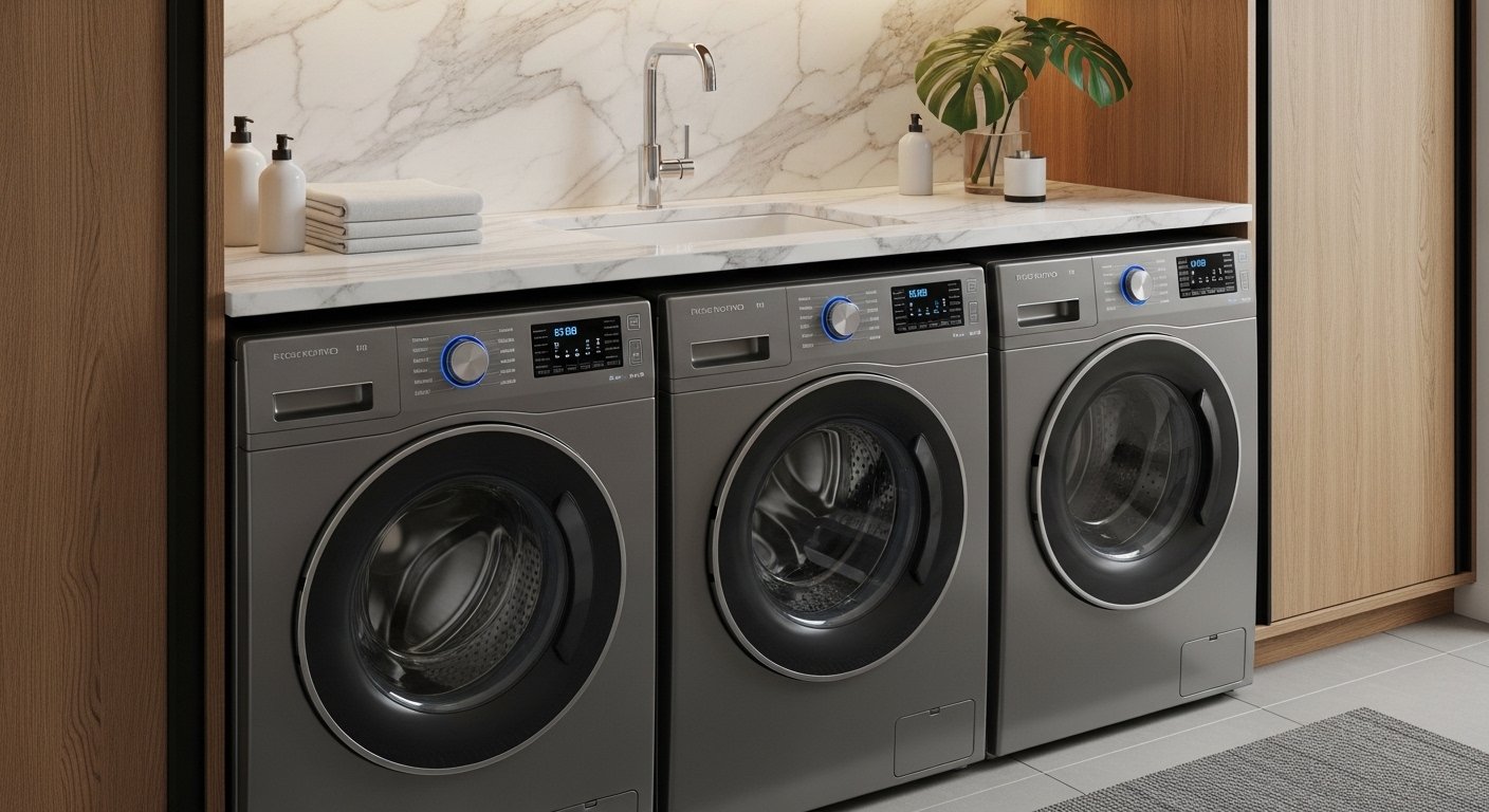 Comparativo de três máquinas de lavar titanium das marcas Hisense, Panasonic e Midea em ambiente de lavanderia moderna. Melhor Máquina de Lavar e Secar